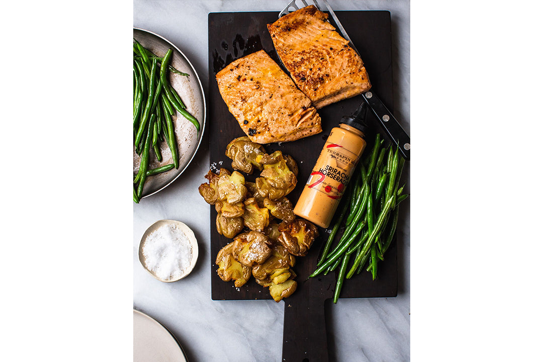Pan Seared Sriracha Horseradish Salmon with Crispy Smashed and Fried Yukon Potatoes with Terrapin Ridge Farms Sriracha Horseradish sauce Pan Seared Sriracha Horseradish Salmon with Crispy Smashed and Fried Yukon Potatoes with Terrapin Ridge Farms Sriracha Horseradish sauce